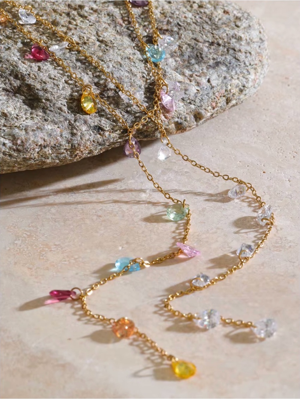 Gold Multi-Color or Clear Teardrop Stainless Steel Station Necklace